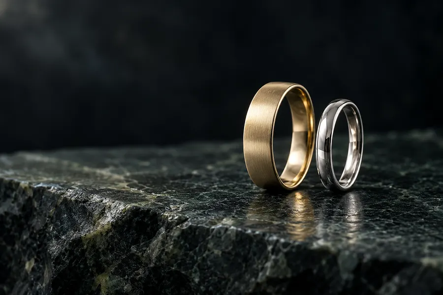 Zwei schlichte Trauringe, einer in mattem Gelbgold, einer in poliertem Weißgold, auf dunklem Stein